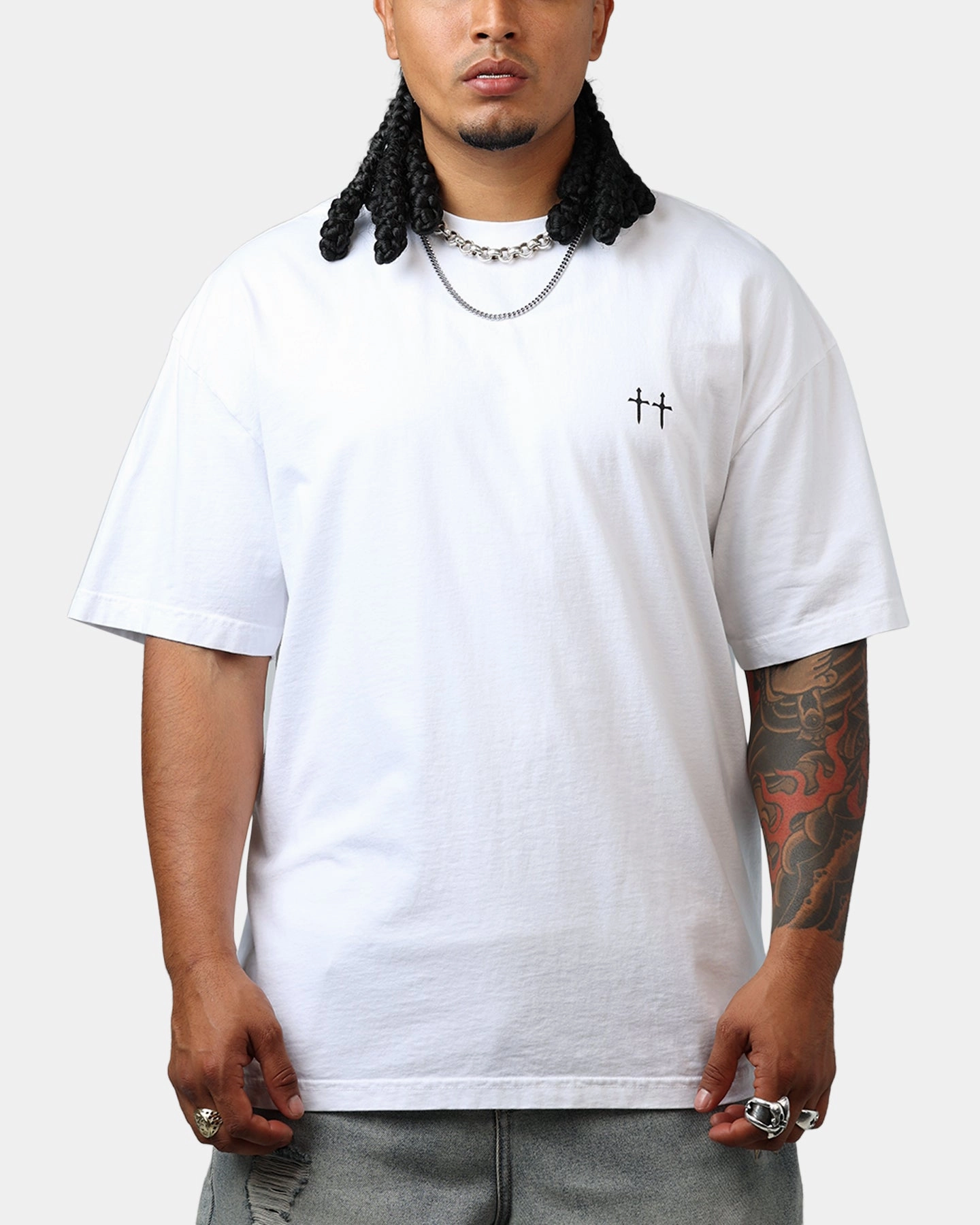 Saint Morta Ye Old Drop Shoulder T-Shirt White Silicone Print Detail Adjustable Collar System