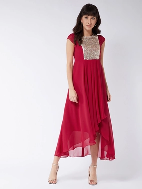 Women's Dark Pink Round neck Cap Sleeve Sequined Party Maxi Dress Clean Tone