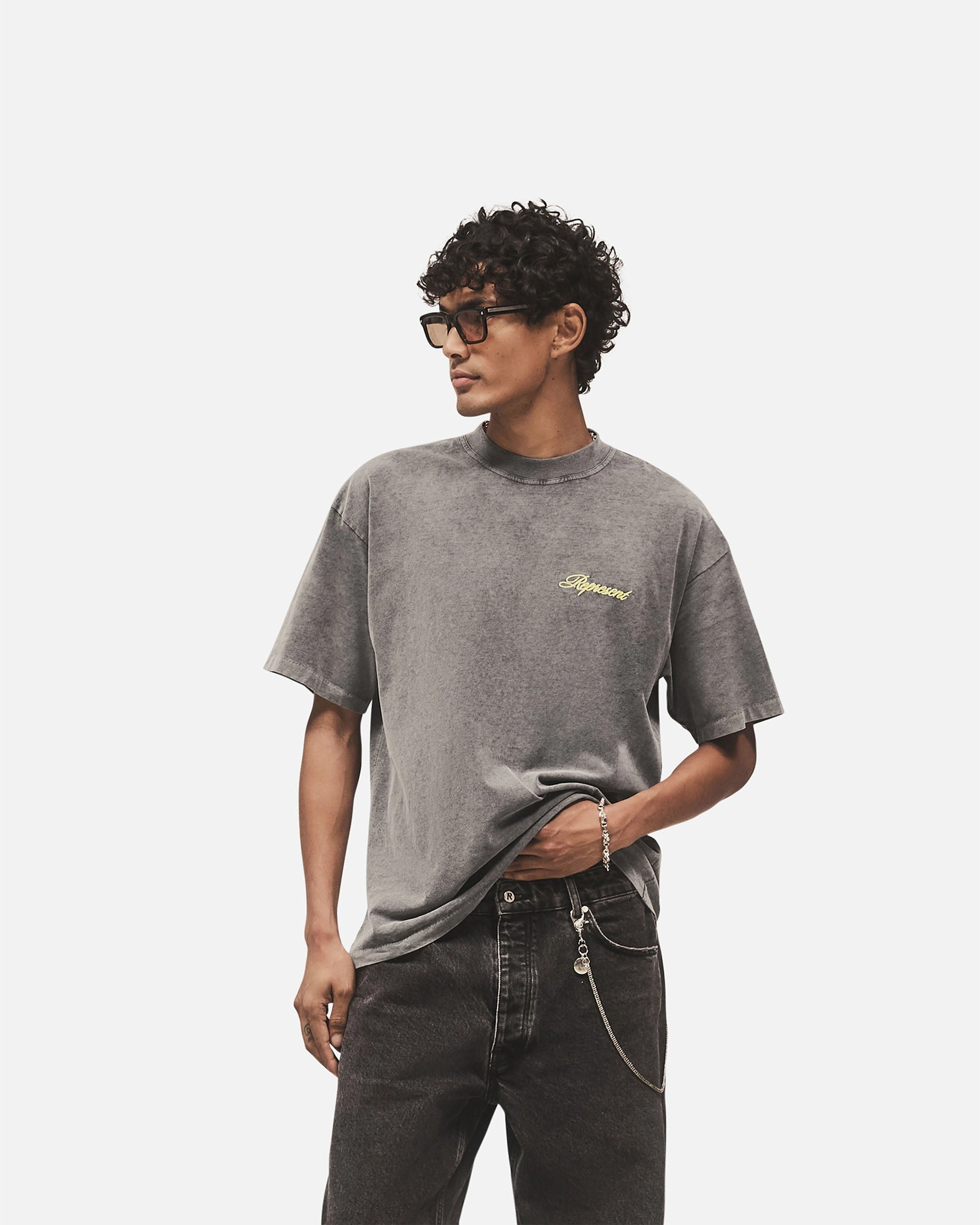 Vintage Wash Effect Script Logo T-Shirt - Vintage Grey