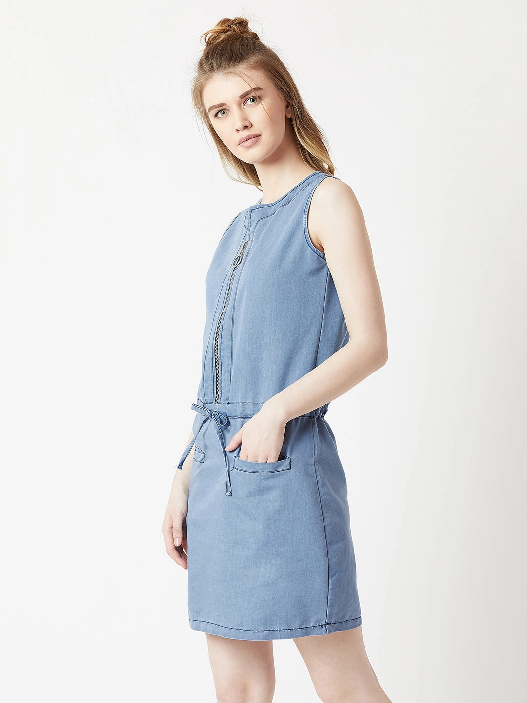 Smart Shape Women's Light Blue Round Neck Sleeveless Denim Solid Mini Shift Dress