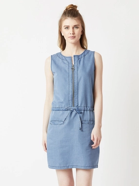 Natural Silhouette Women's Light Blue Round Neck Sleeveless Denim Solid Mini Shift Dress