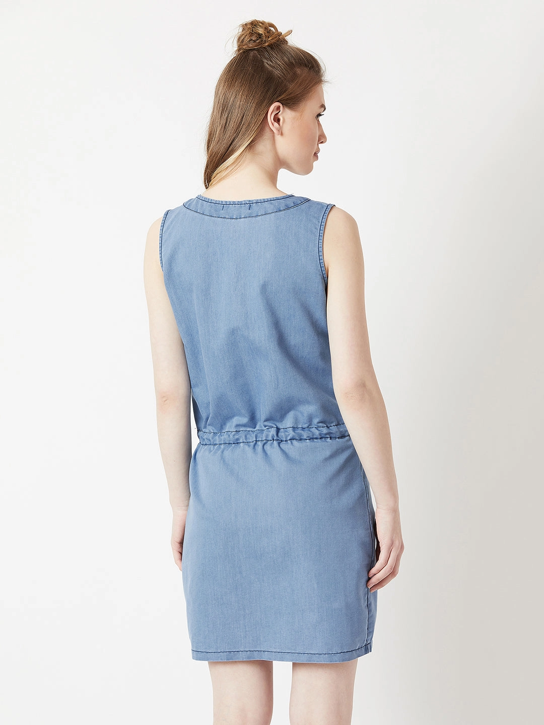 Layered-Look Flow Ready Women's Light Blue Round Neck Sleeveless Denim Solid Mini Shift Dress