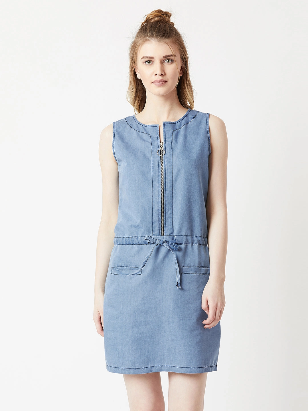Natural Silhouette Women's Light Blue Round Neck Sleeveless Denim Solid Mini Shift Dress