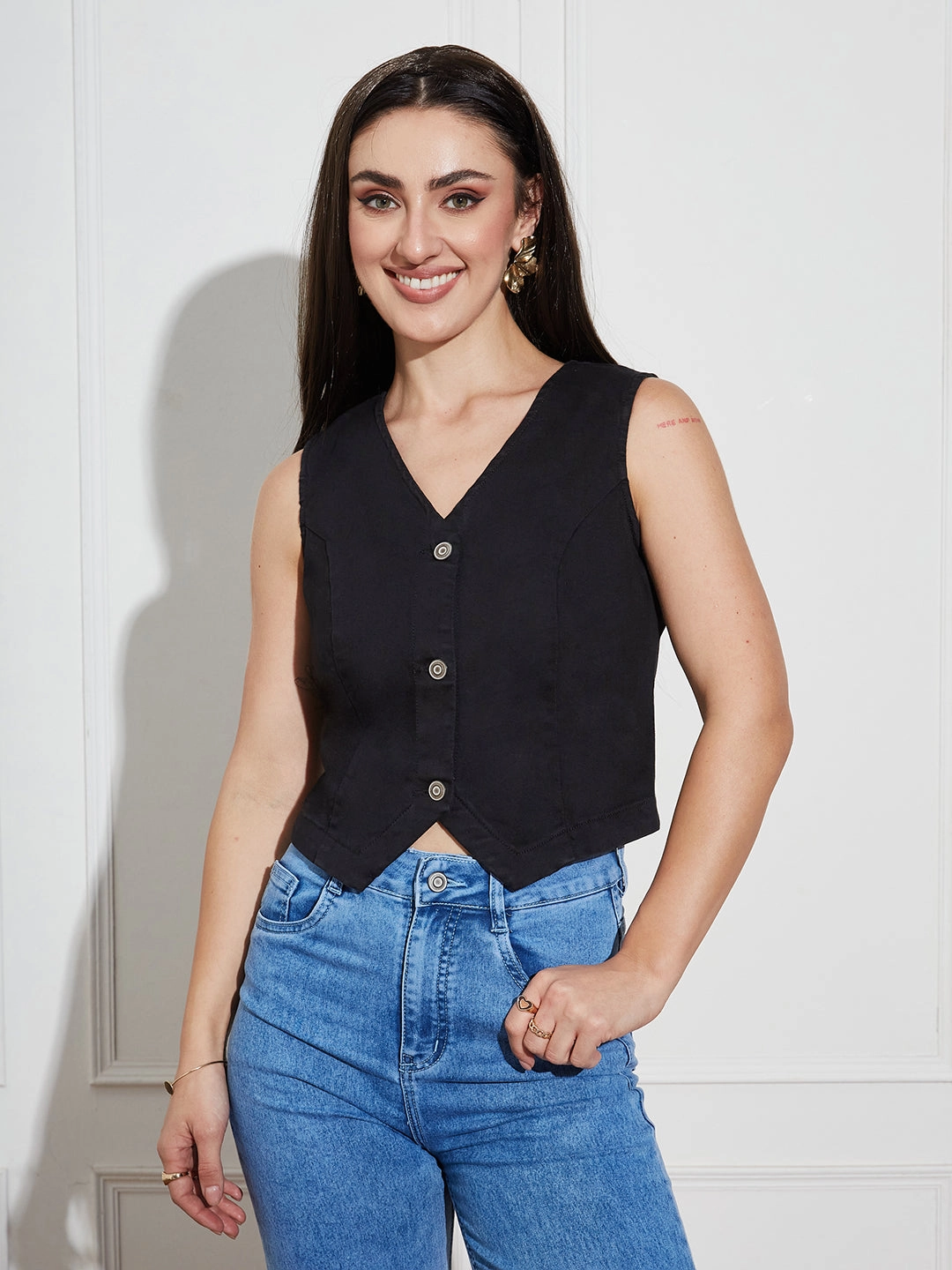 Womens Black V Neck Sleeveless Solid Waistcoat-Styled Cropped Denim Top Trendy Cardigan ComfortStretchFit