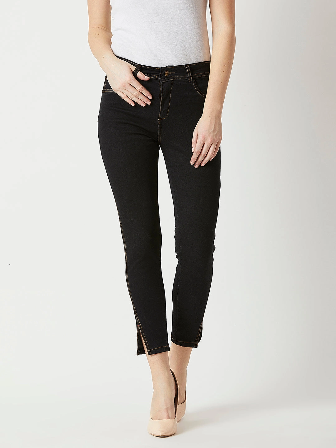 Women's Black Skinny High-Rise Side-Slit Solid Ankle Length Stretchable Denim Jeans Street Fashion Casual Winter Warmth Bold Road Trip