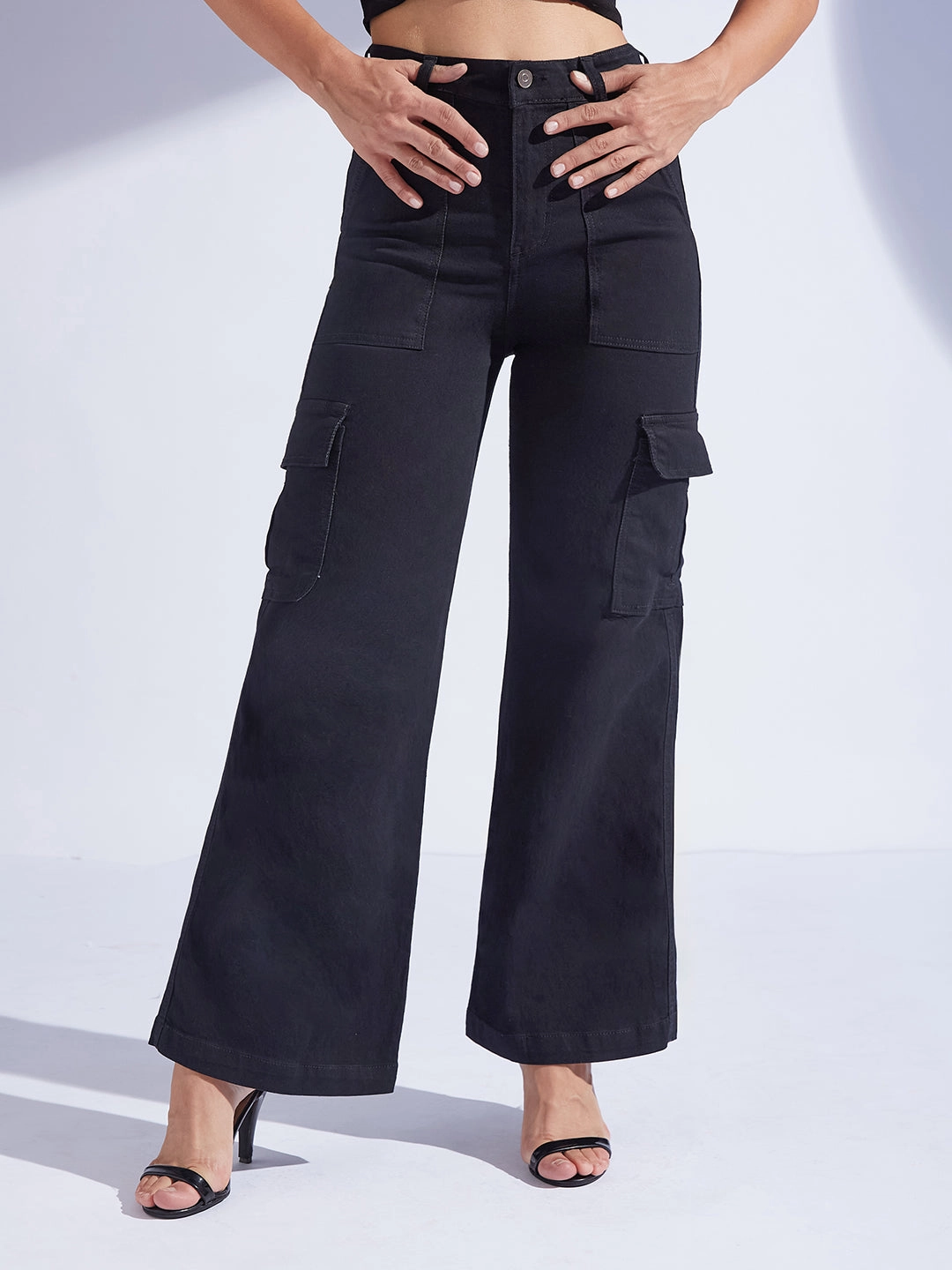 Smooth zipper closure Spring Mood Brunch Outfit Formal Women's Black Wide-Leg High-Rise Stretchable Denim Cargo Jeans