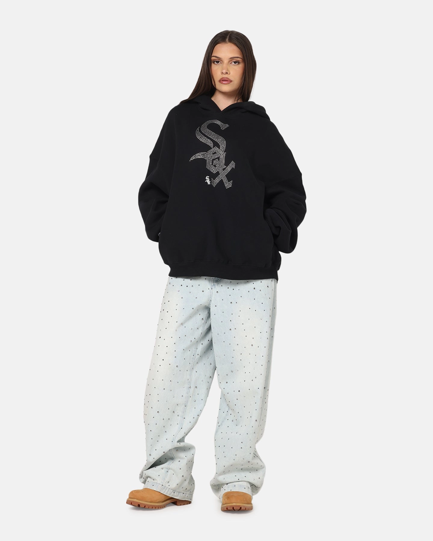 HighStretchElastic Mitchell & Ness Chicago White Sox Rhinestone Hoodie Faded Black