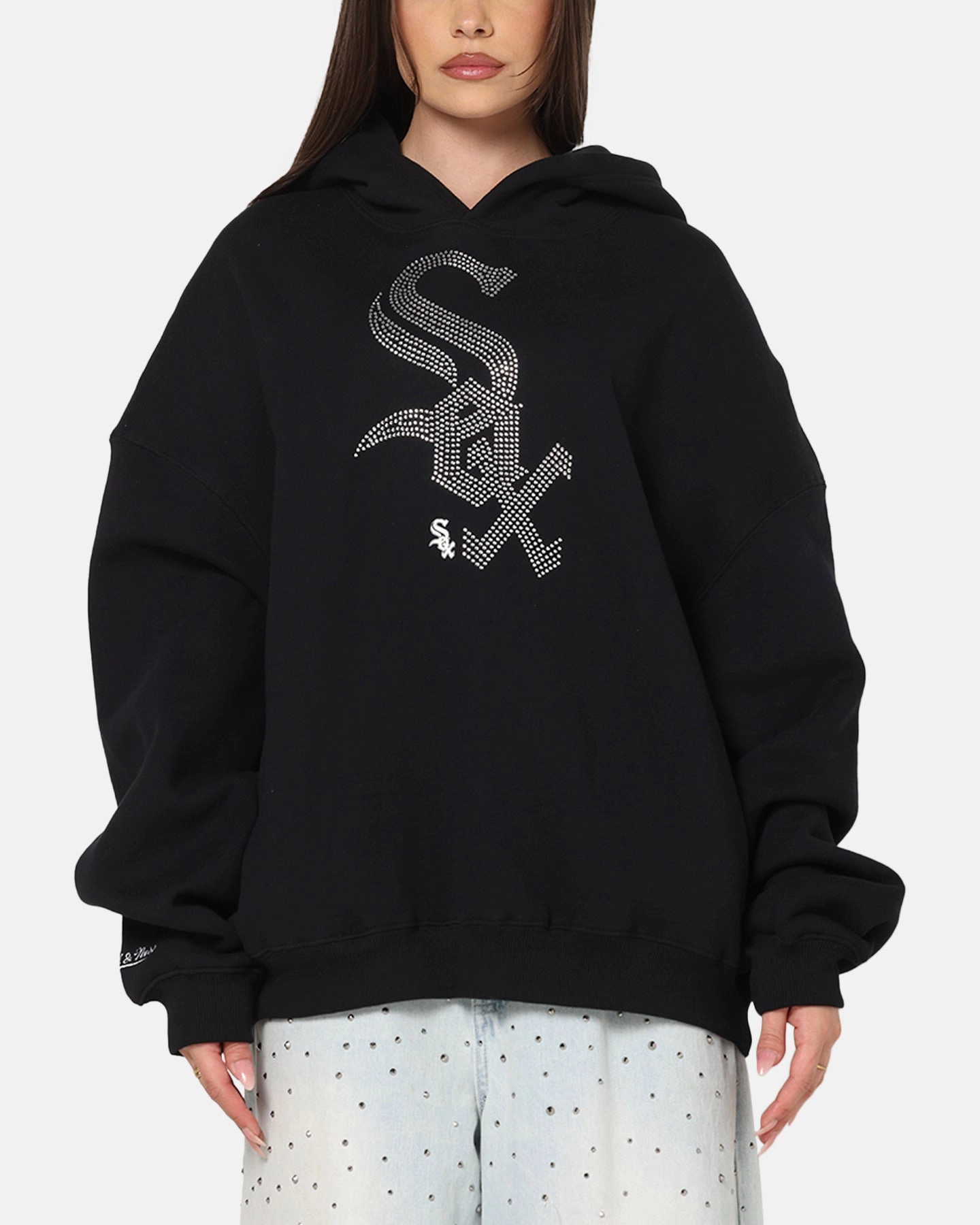 Warm Hoodie Summer Polo Mitchell & Ness Chicago White Sox Rhinestone Hoodie Faded Black