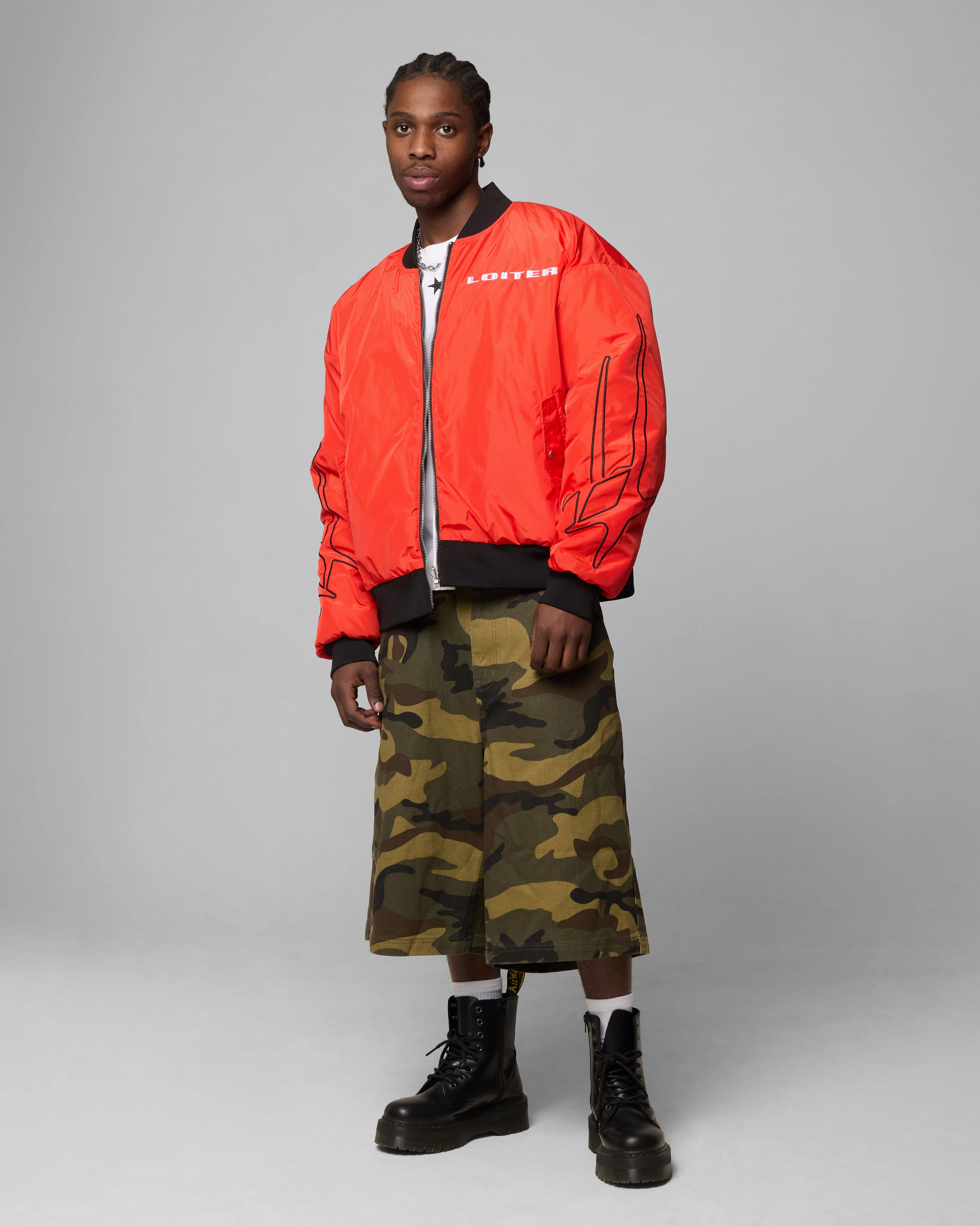 Classic Fit Cut Seam Sealed Construction Loiter Cyber Reversible Bomber Jacket Red/Green