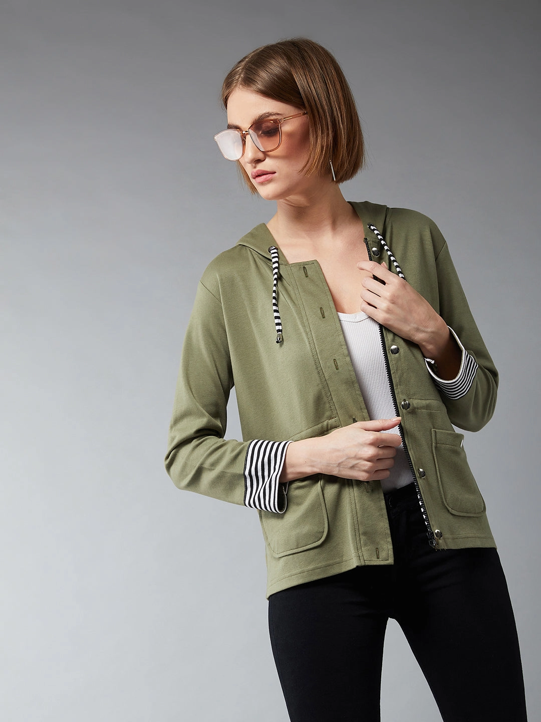 Hooded styles Women's Multicolor-Base Olive Green Hooded Full Sleeves Solid Waist Tie-Up Jacket