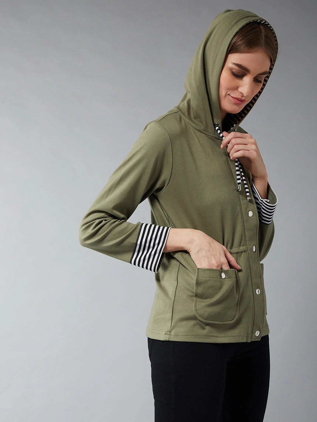Hypoallergenic Fabric Blend Breathable Technology Women's Multicolor-Base Olive Green Hooded Full Sleeves Solid Waist Tie-Up Jacket
