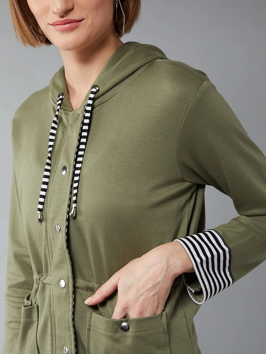 Women's Multicolor-Base Olive Green Hooded Full Sleeves Solid Waist Tie-Up Jacket Breathable Technology Warm Layer Option