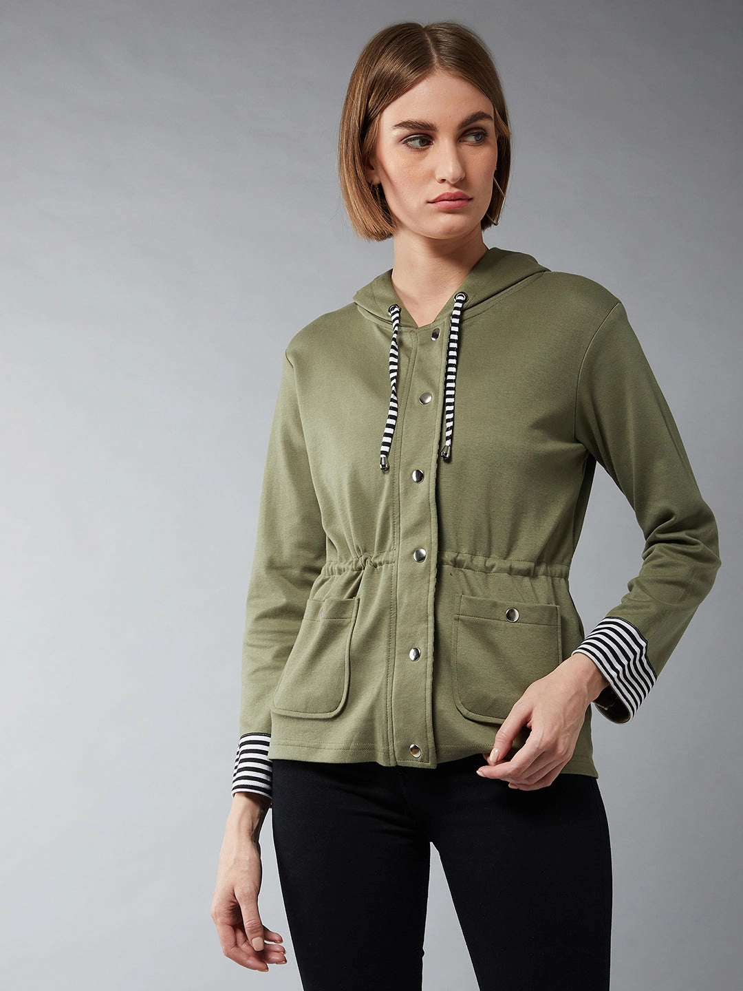 Women's Multicolor-Base Olive Green Hooded Full Sleeves Solid Waist Tie-Up Jacket Flexible Material