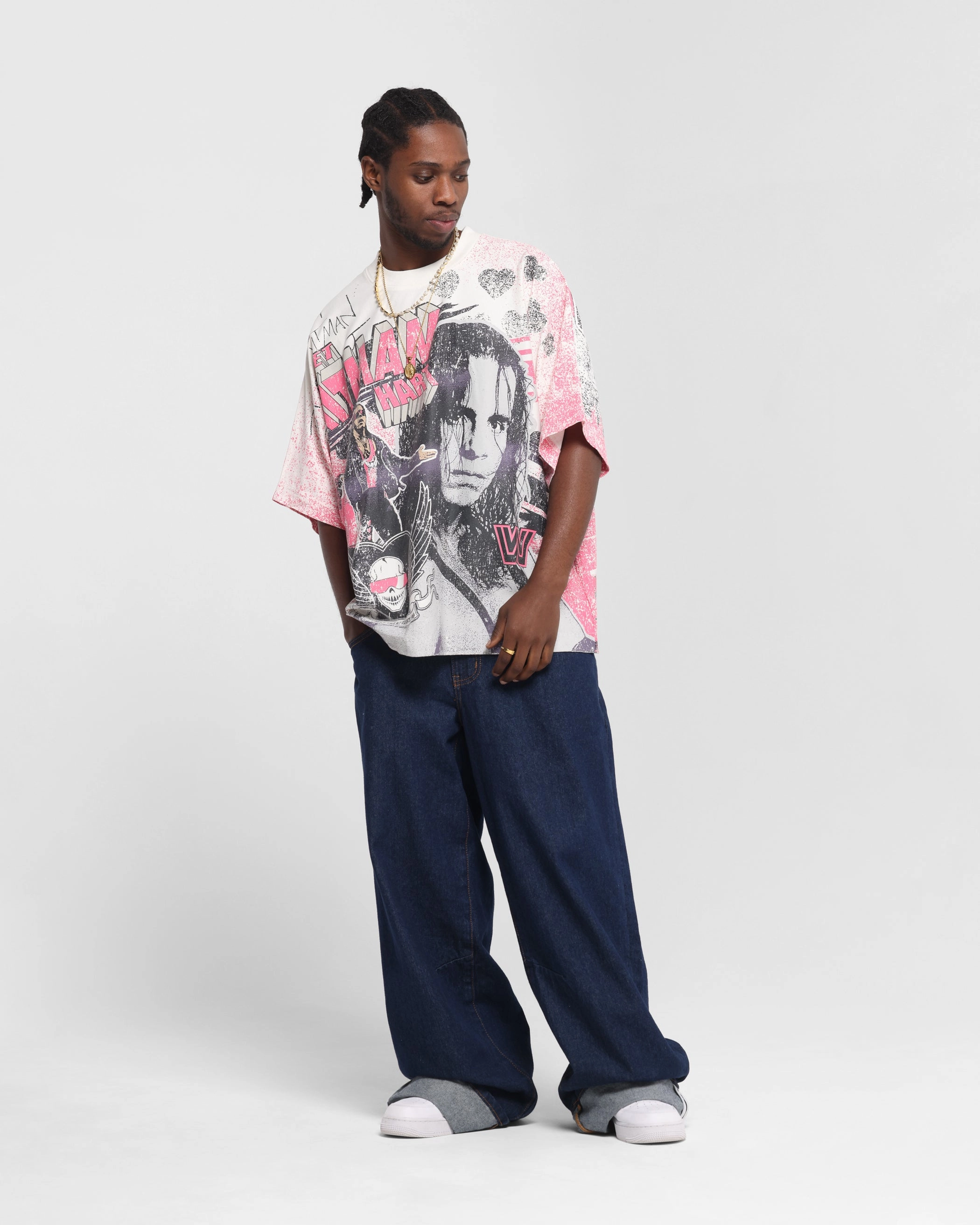 Culture Kings X WWE Bret 'The Hit Man' Hart All Over Print T-Shirt White Hidden Storage Pockets