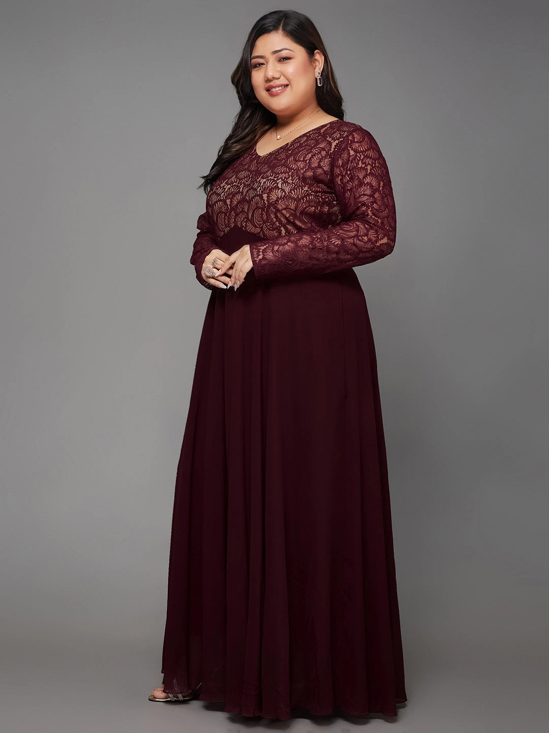 Body Bliss Wine Full Sleeve Lace-Overlaid Georgette Maxi Dress Bridal-Shower Stylish Vibe