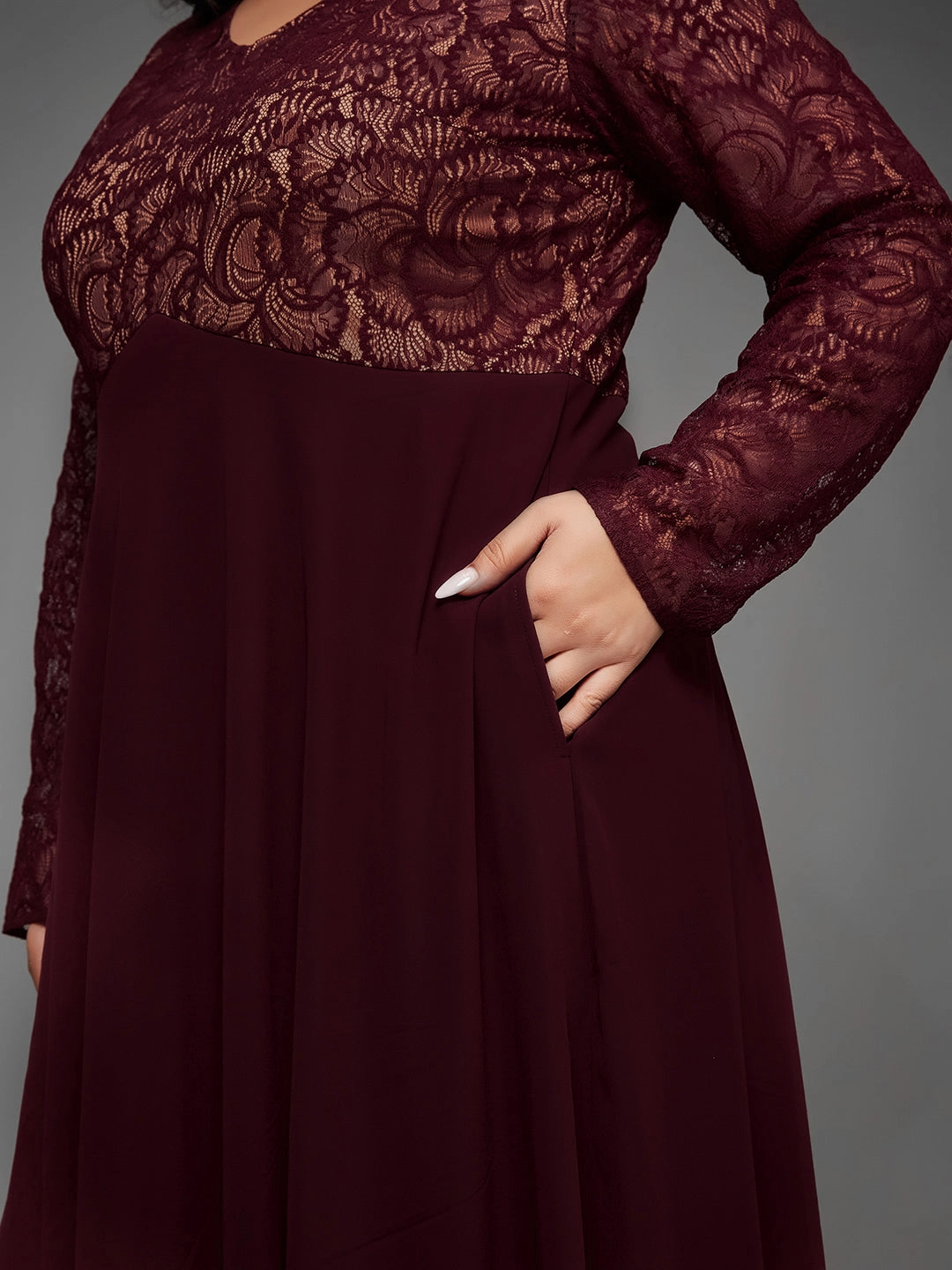 Light And Airy Mesh-Detail Body Bliss Wine Full Sleeve Lace-Overlaid Georgette Maxi Dress