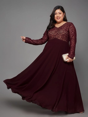 Body Bliss Wine Full Sleeve Lace-Overlaid Georgette Maxi Dress Urban Classic Comfy and Relaxed