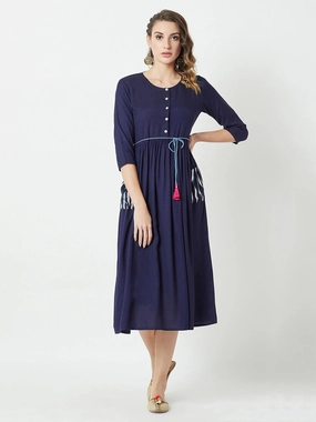 Sophisticated Design Timeless Waist Women's Navy Blue Round Neck 3/4 Sleeve Belted Solid Gathered Midi Dress