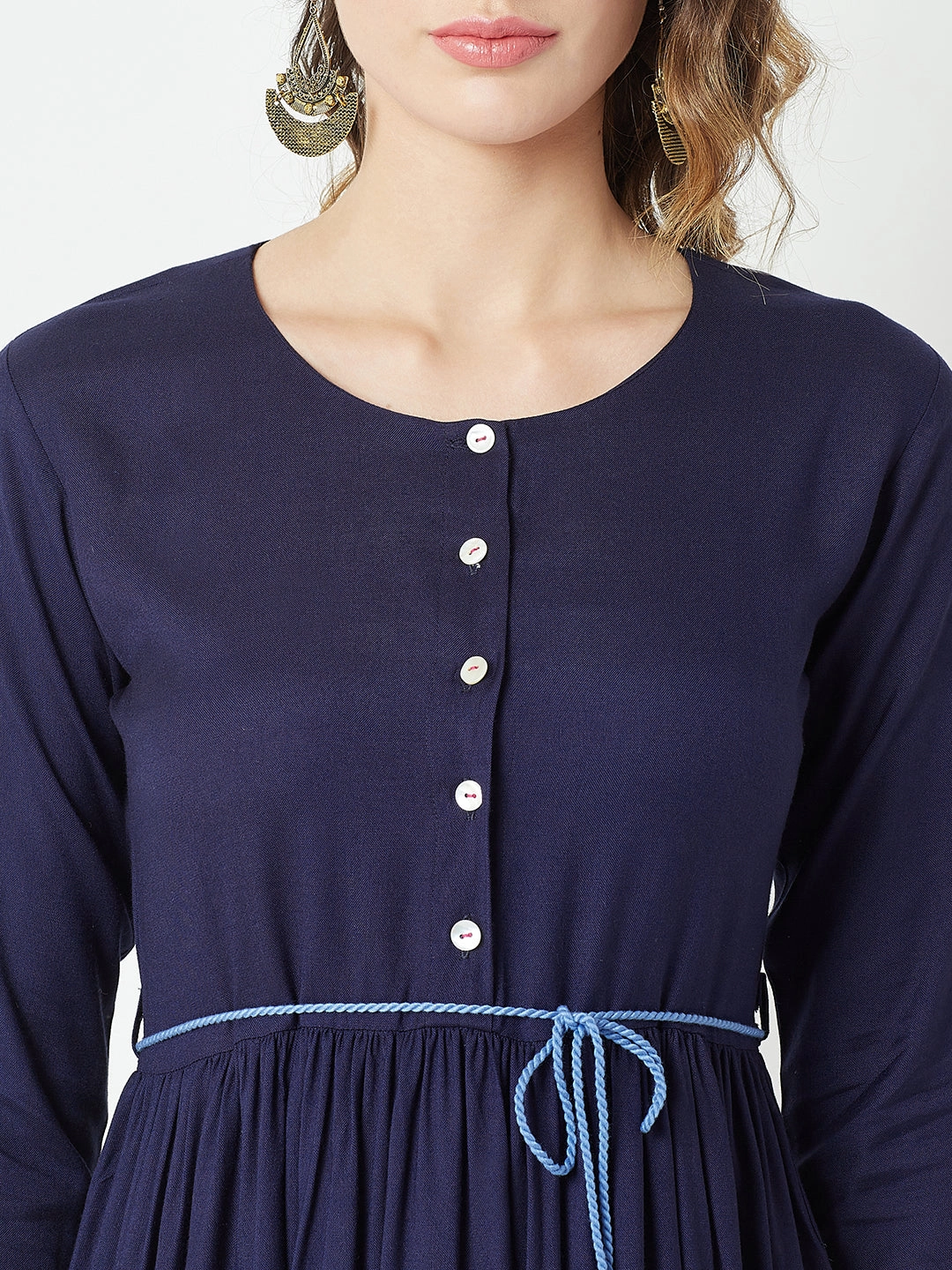 Women's Navy Blue Round Neck 3/4 Sleeve Belted Solid Gathered Midi Dress Villa Light Stylish Fit