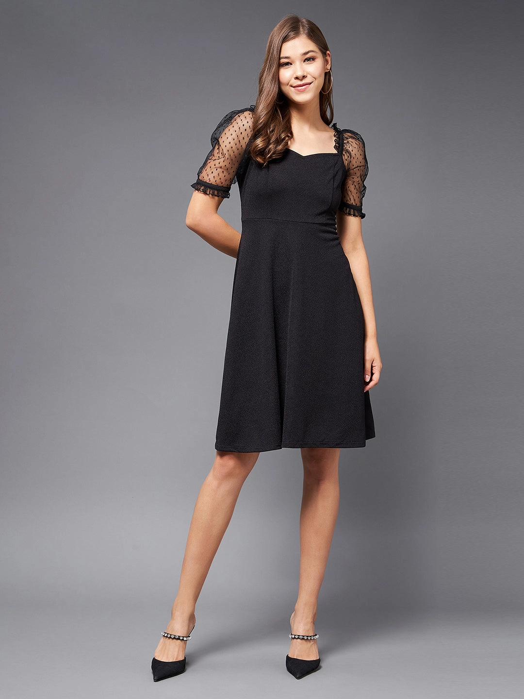 Clean Chic Trendy Comfort Crease Ease Women's Black Solid V-Neck Half Sleeve Relaxed Fit Knee-Long Dress