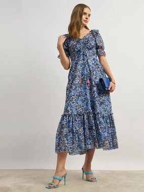 Smart and Stylish All Wear Women's Multicolored-Base-Navy Blue V-Neck Puff Sleeve Floral Ruching Ankle-Length Dress