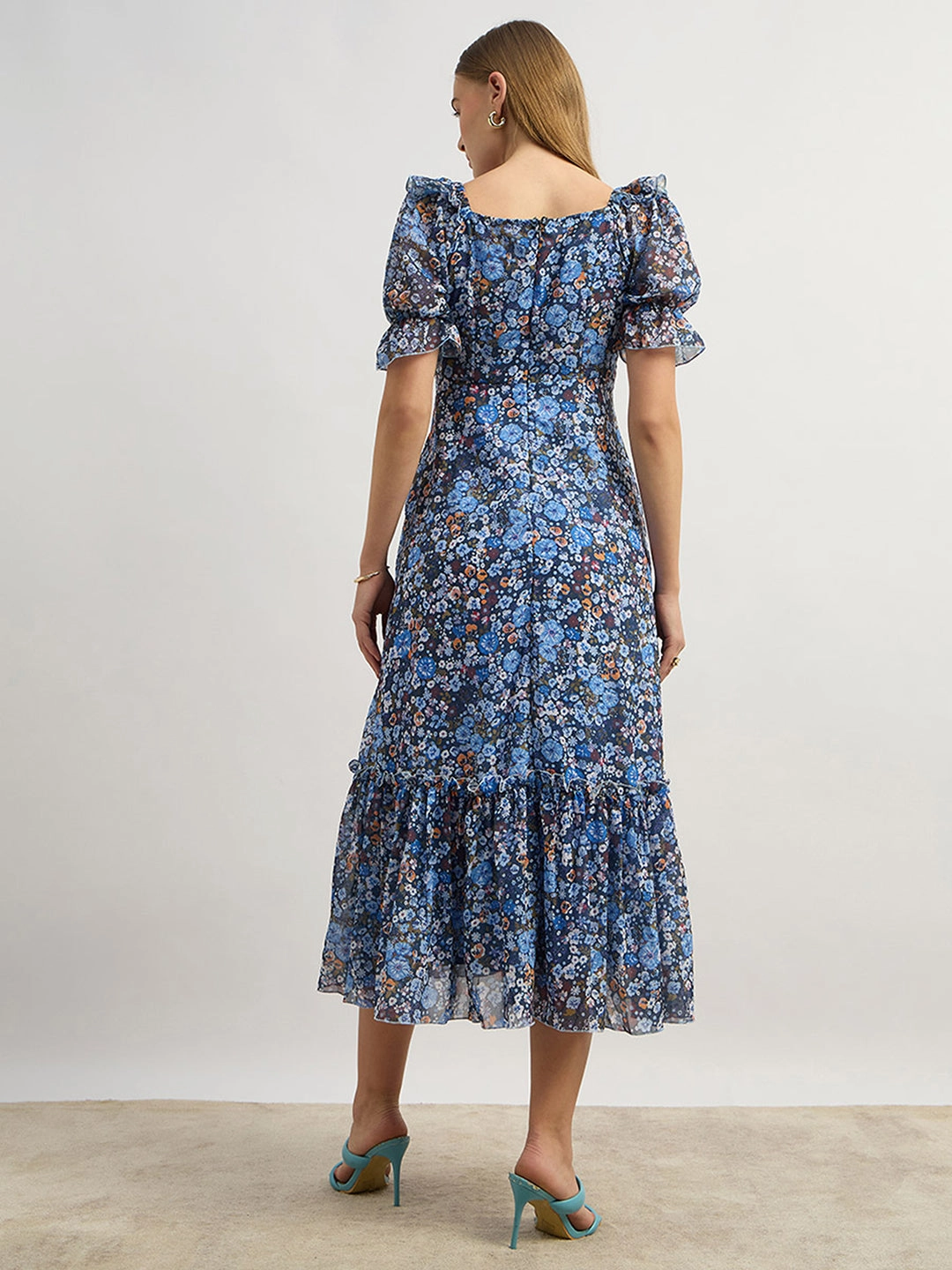 Women's Multicolored-Base-Navy Blue V-Neck Puff Sleeve Floral Ruching Ankle-Length Dress AntiStaticMaterial Fluid Shape