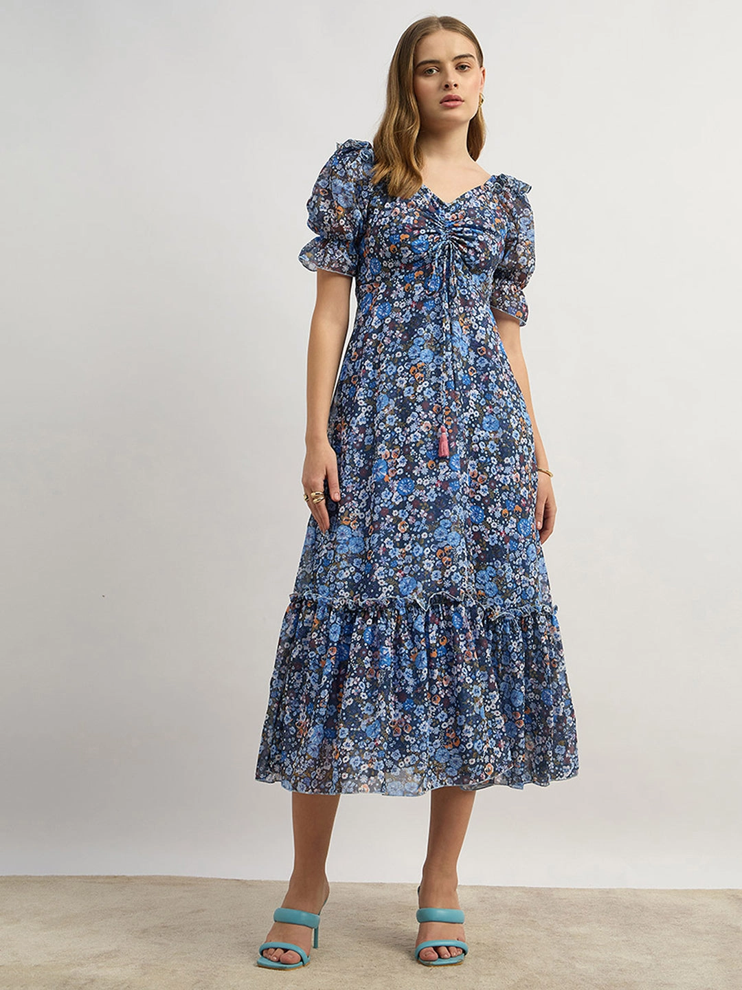 Sleek Form Women's Multicolored-Base-Navy Blue V-Neck Puff Sleeve Floral Ruching Ankle-Length Dress