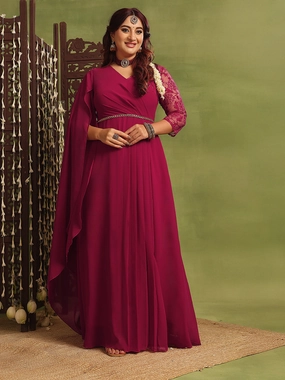 Women's Dark Pink V-Neck Asymmetric Self-Design Georgette Maxi Dress Satin Soft