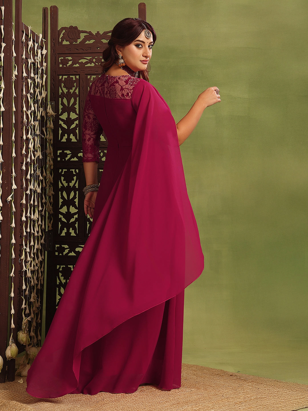 Modern Finish Understated Glam Women's Dark Pink V-Neck Asymmetric Self-Design Georgette Maxi Dress