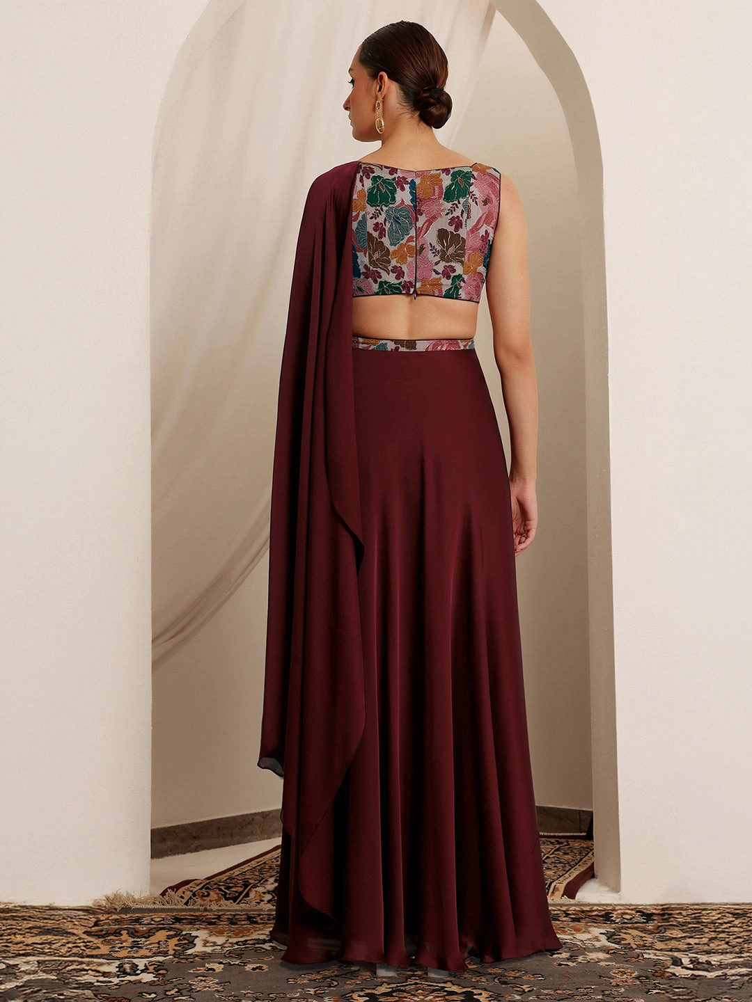 Women's Wine Square Neck Sleeveless Floral Layered Satin Maxi Dress Soft Mesh