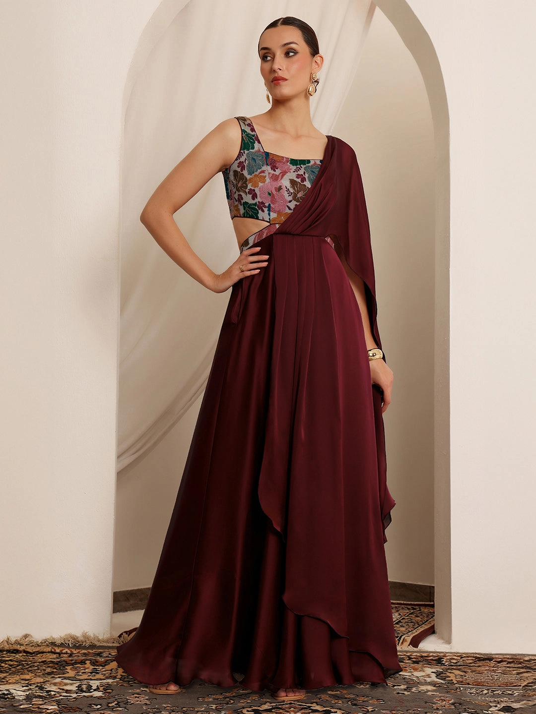 Women's Wine Square Neck Sleeveless Floral Layered Satin Maxi Dress Cozy Drape