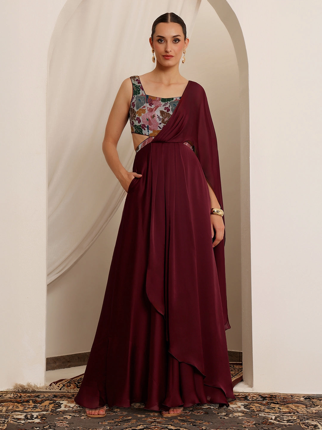 Open-back Sleek Waistband Women's Wine Square Neck Sleeveless Floral Layered Satin Maxi Dress