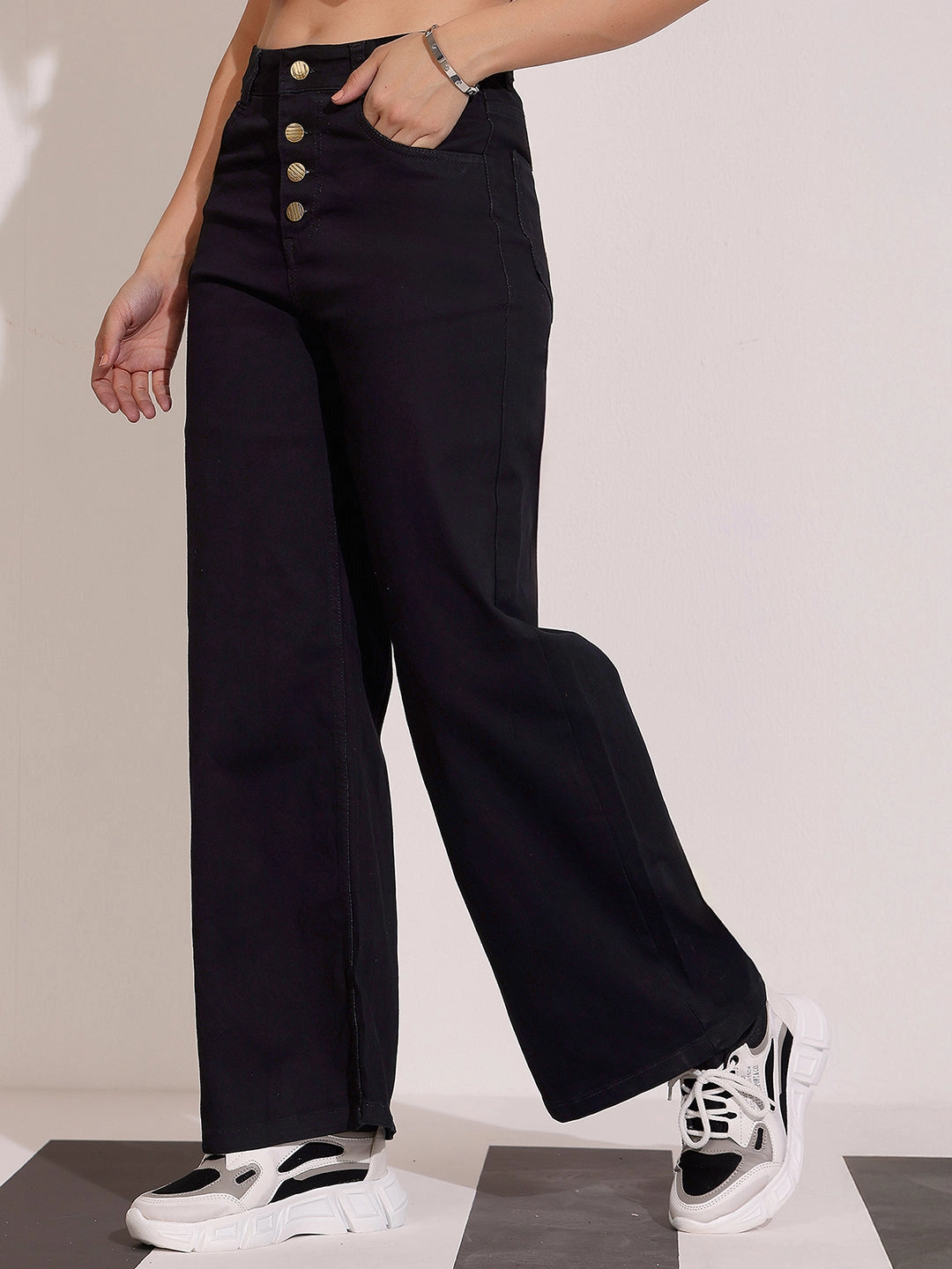 Modern Attire Brunch Outfit Trend Setter Women's Black Wide Leg High Rise Clean Look Regular Stretchable Denim Jeans