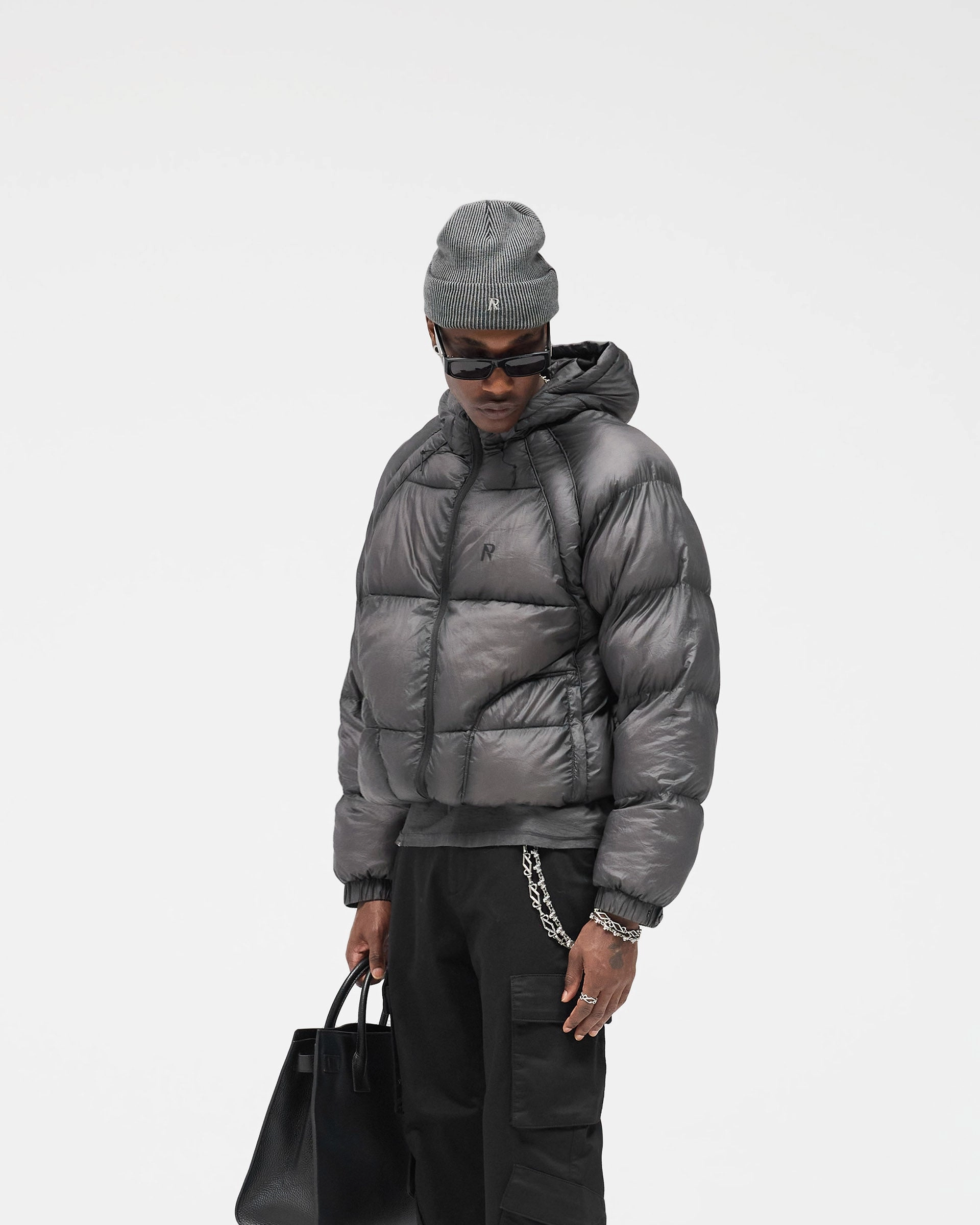 Translucent Hooded Puffer - Washed Black Modern Drop Tail Hem