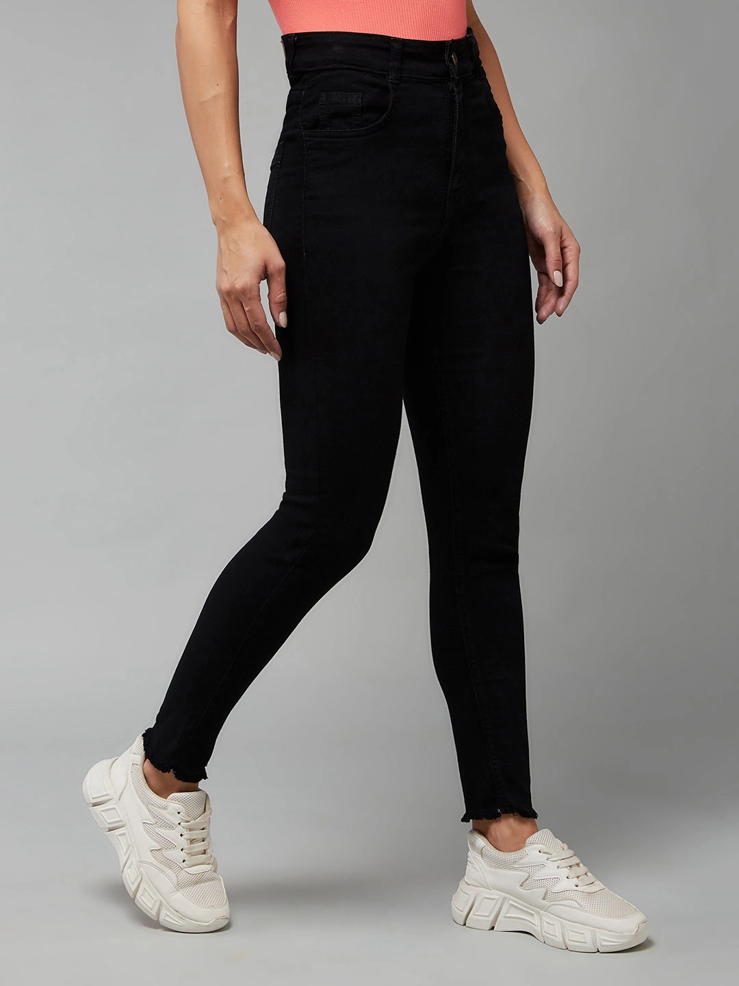 24/7 Comfort Black Skinny Fringed Detailing High-Rise Cropped Stretchable Denim Jeans Urban Explorer Picnic Style