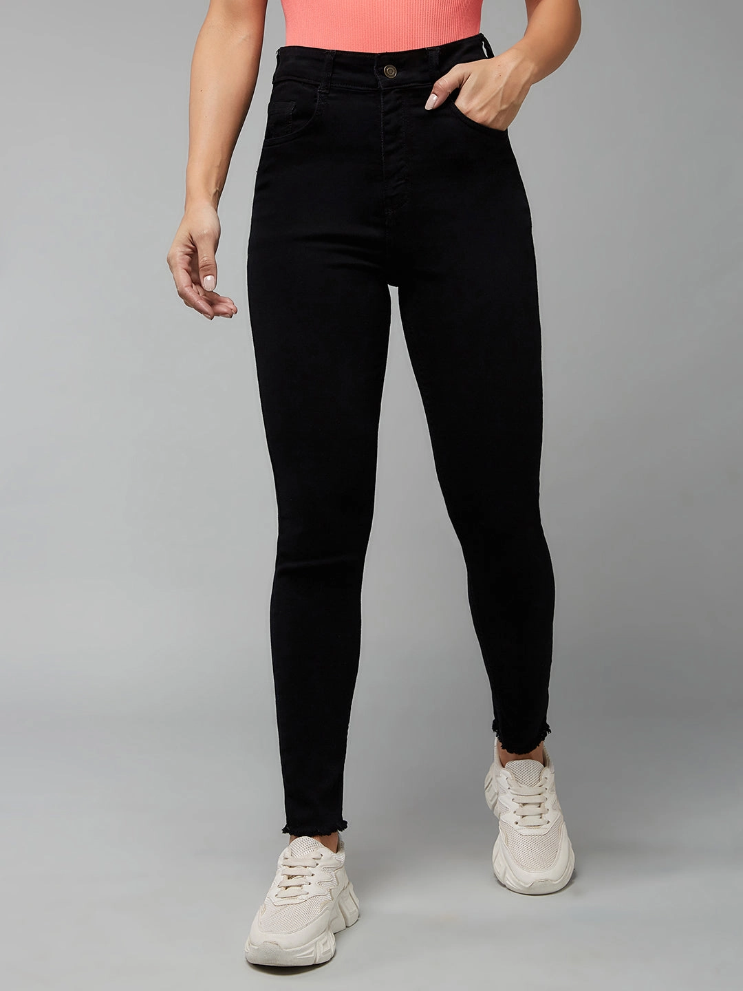 Waterless Wash Technology 24/7 Comfort Black Skinny Fringed Detailing High-Rise Cropped Stretchable Denim Jeans
