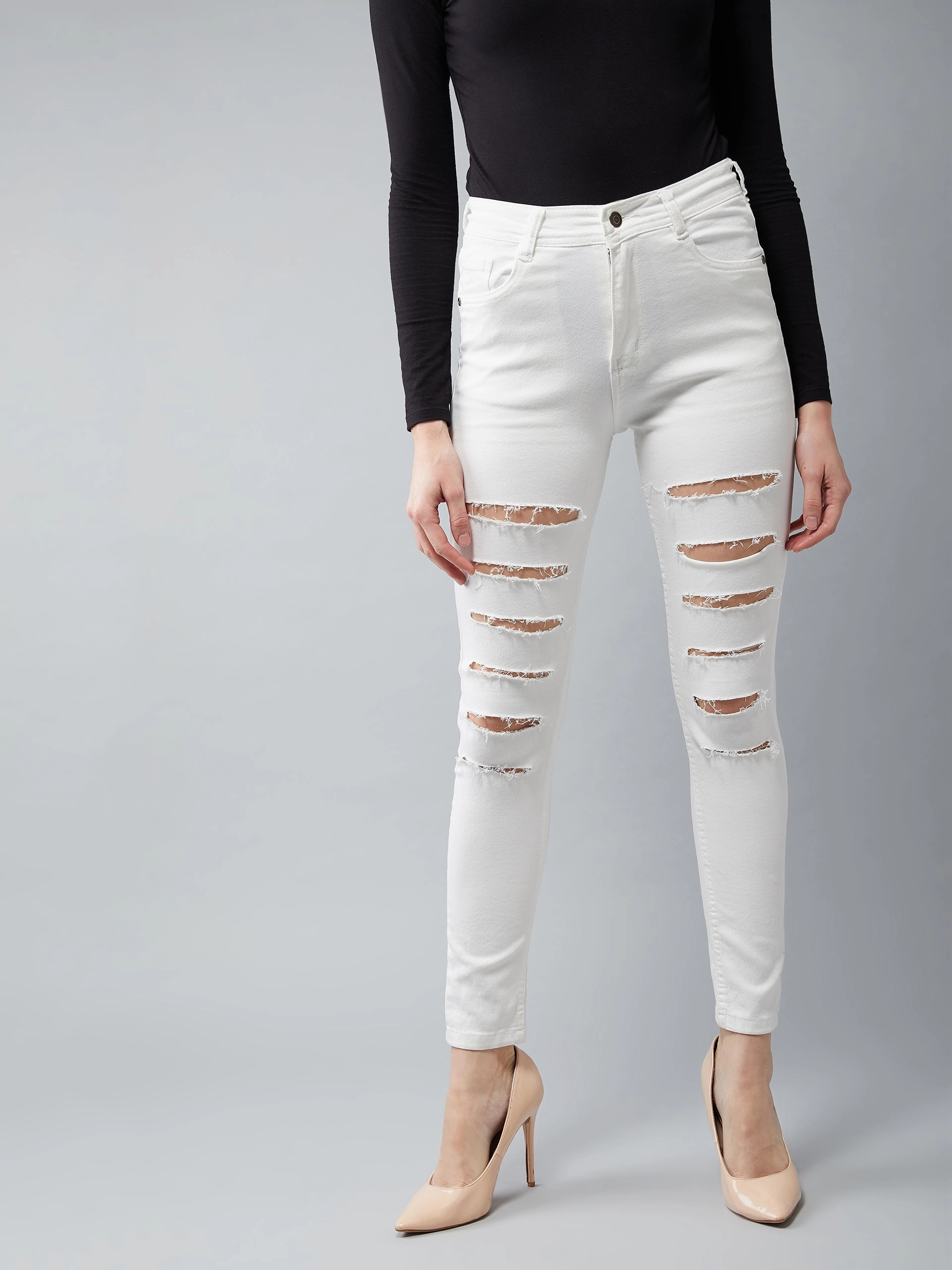 Women's White Skinny High-Rise Ripped Stretchable Denim Jeans Stylish Vibrant All Day Comfort