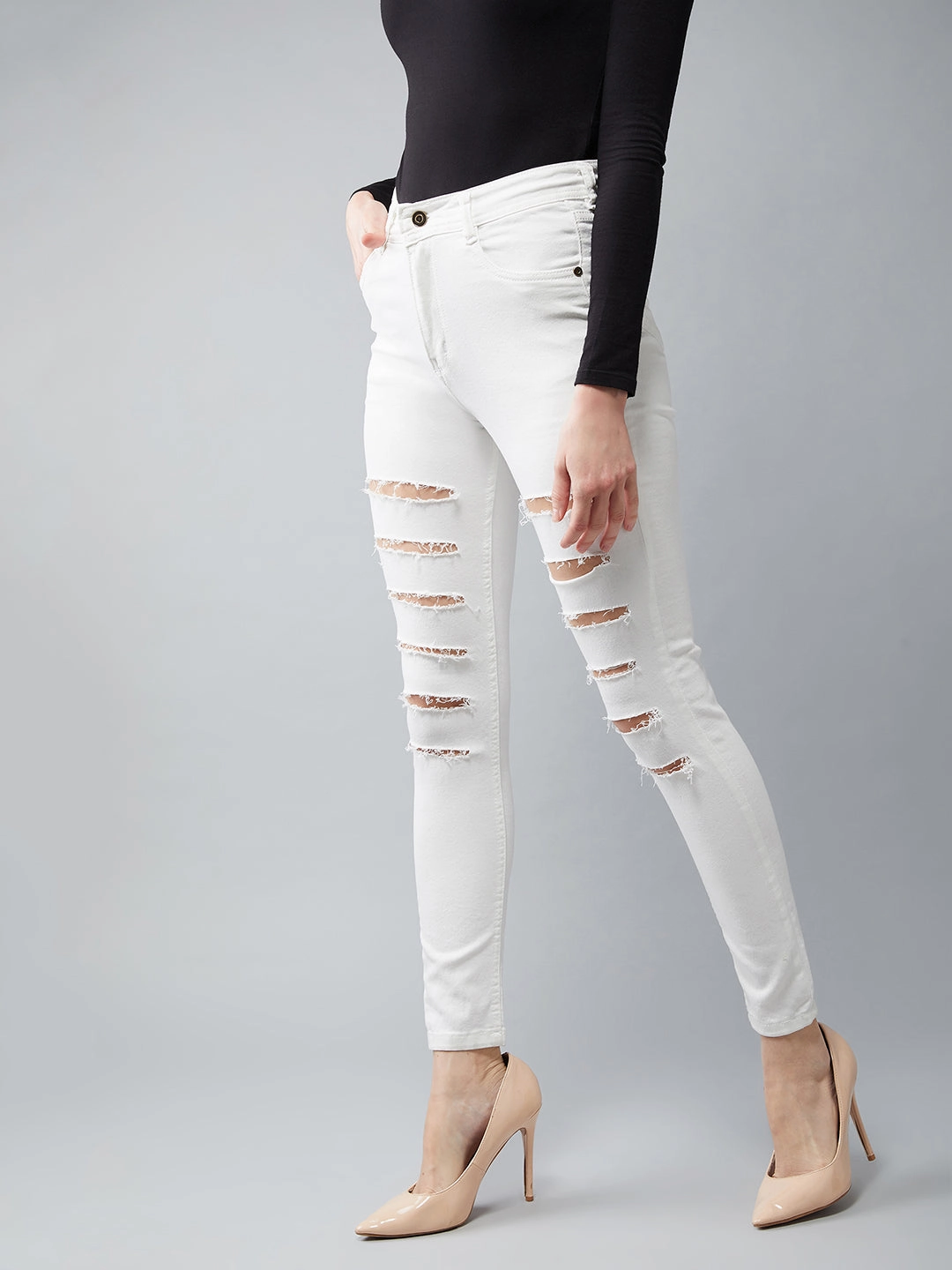 Easy Outfit High Durability Women's White Skinny High-Rise Ripped Stretchable Denim Jeans