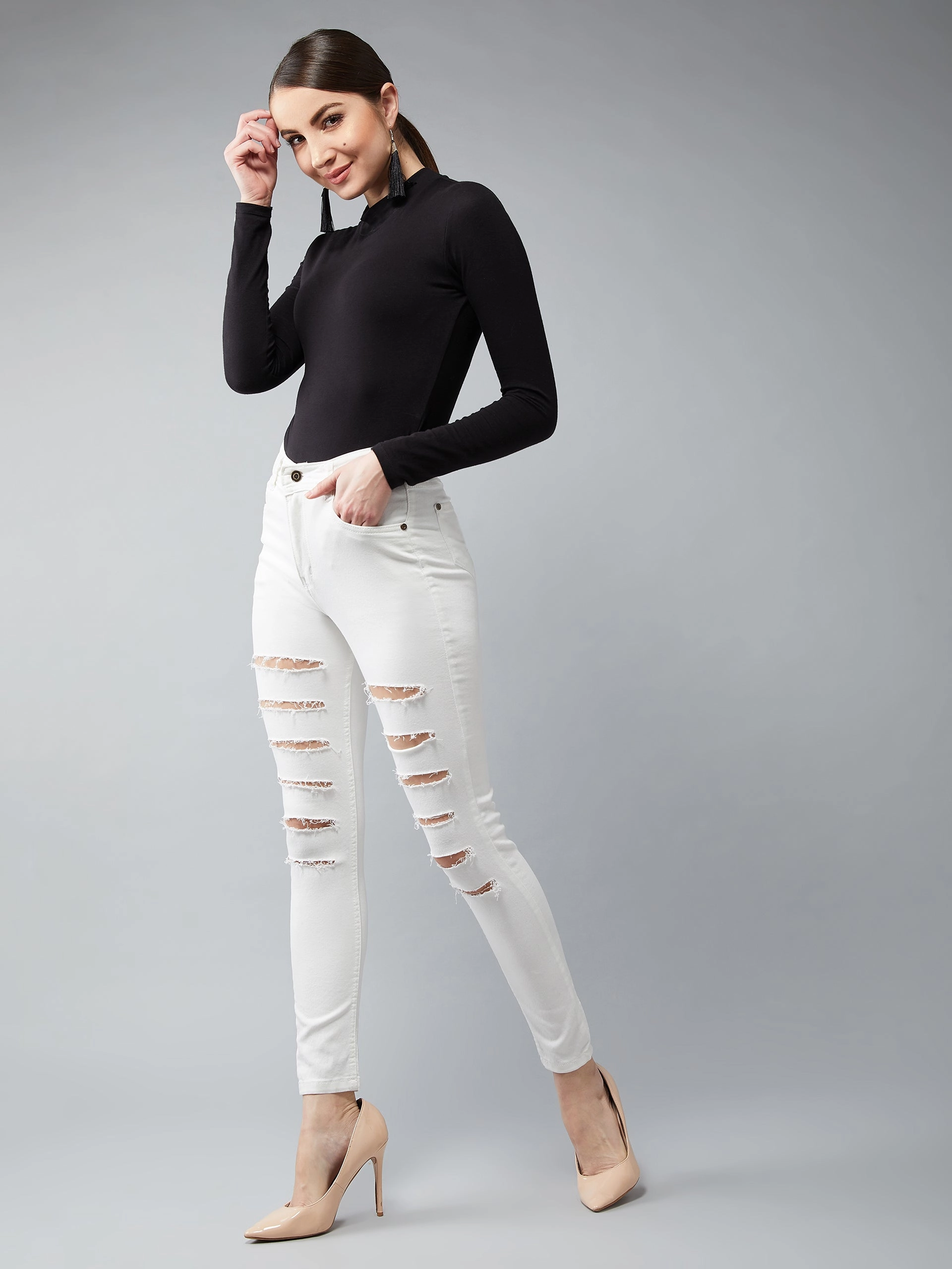 Women's White Skinny High-Rise Ripped Stretchable Denim Jeans Traveler Gear Earthy High Quality Holiday Vibes Winter Warmth