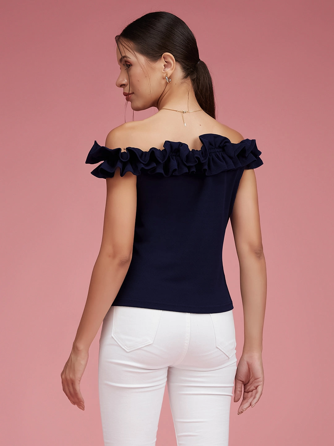 Women's Navy Blue Off Shoulder Sleeveless Solid Ruffled Frilled Gathered Bardot Top Tapered Cut PlushLining