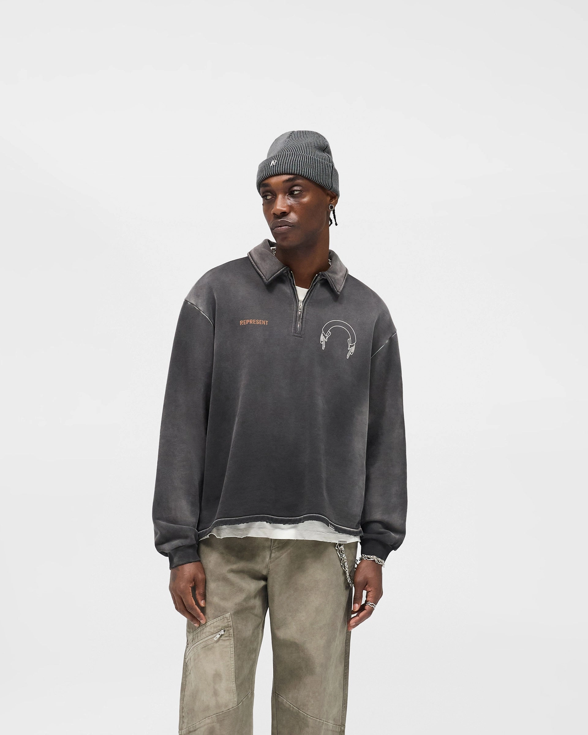 Represent Banner Quarter Zip Sweatshirt - Stained Black Garment Dyed