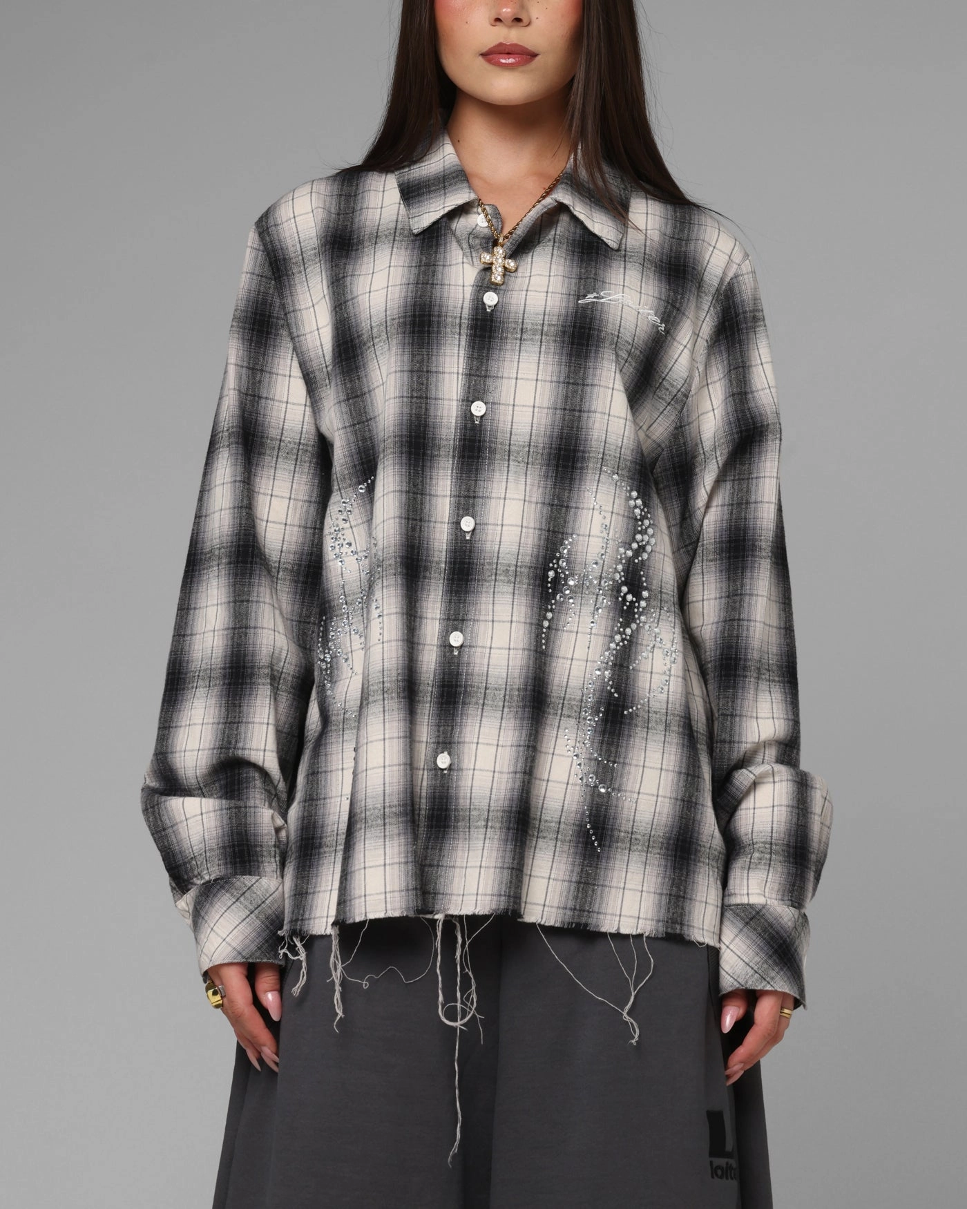 Loiter Heaven Distressed Flannel Button Up Shirt Black/White Compact Jacquard Weave