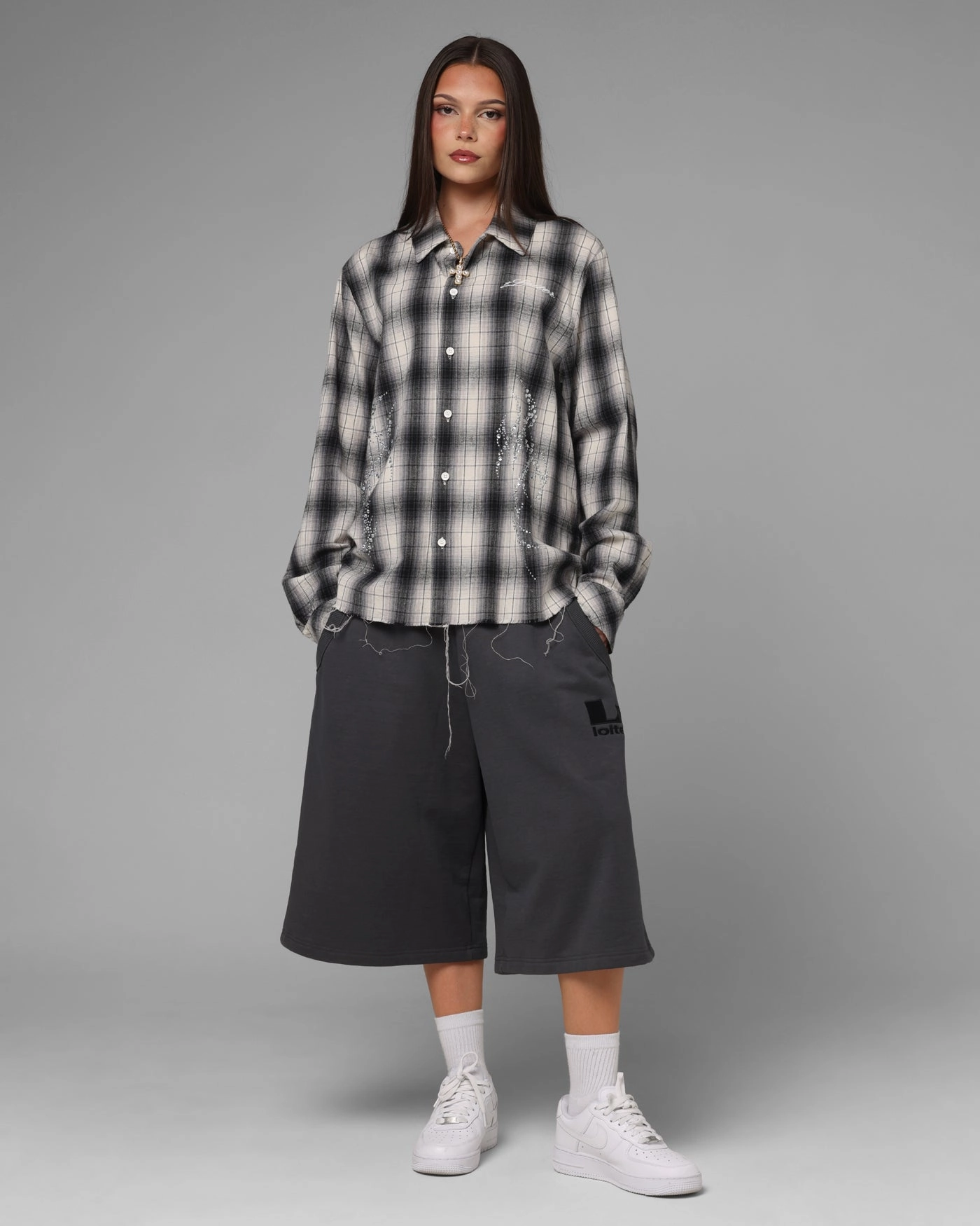 Microfiber Technology EasyCare Fabric Loiter Heaven Distressed Flannel Button Up Shirt Black/White