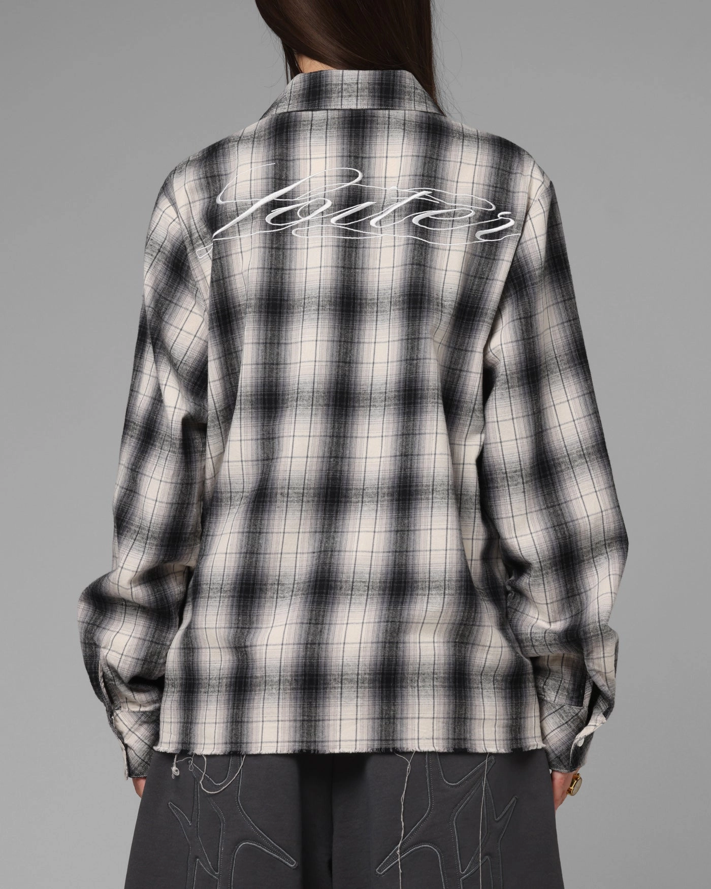 Drop Shoulder Design Smooth Seam Transition Loiter Heaven Distressed Flannel Button Up Shirt Black/White