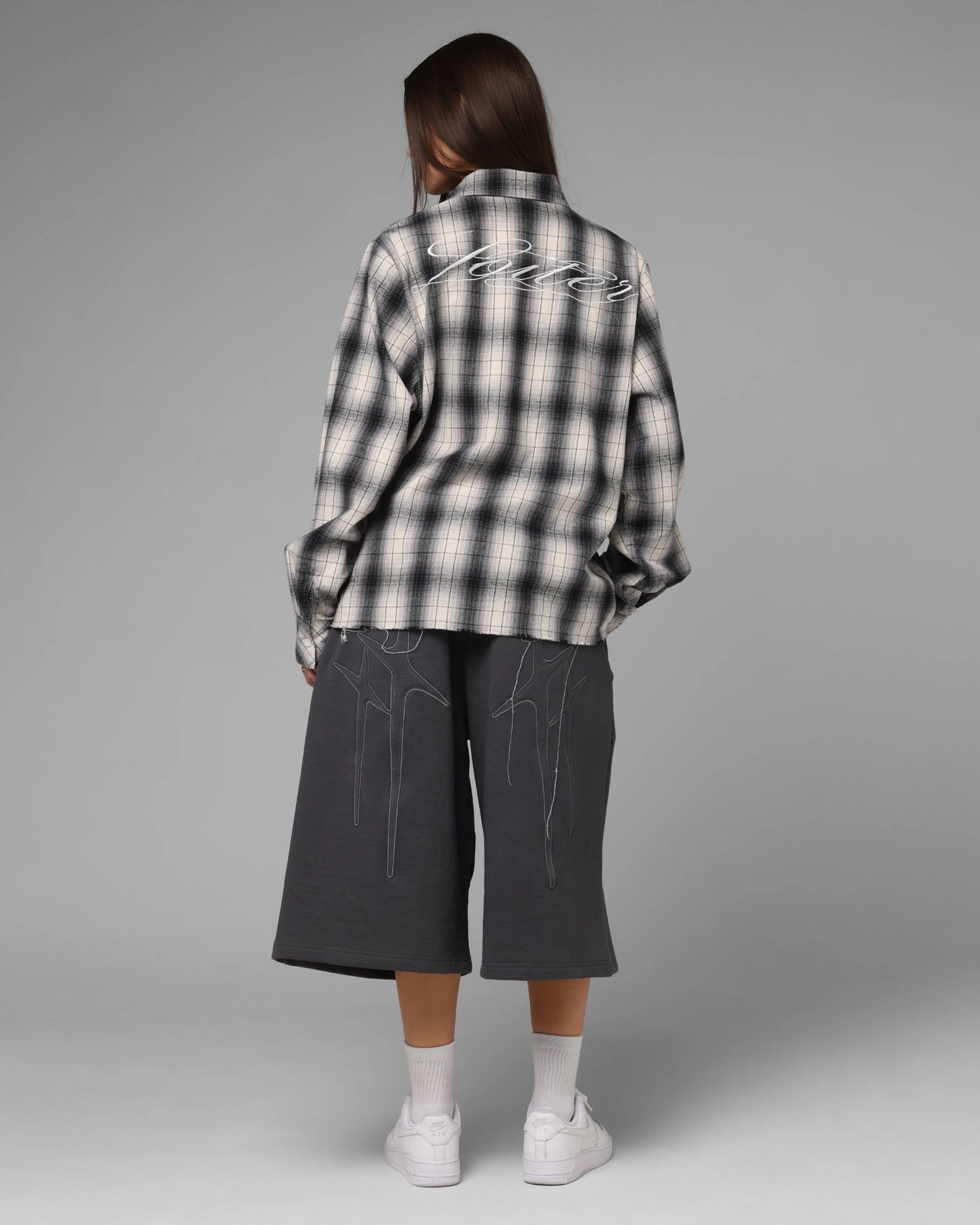 High Stretch Fabric Loiter Heaven Distressed Flannel Button Up Shirt Black/White