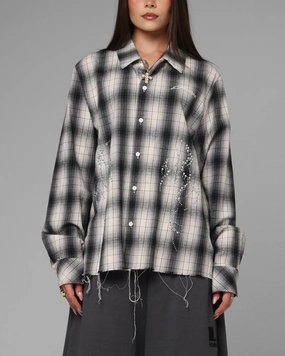 Loiter Heaven Distressed Flannel Button Up Shirt Black/White Compact Jacquard Weave