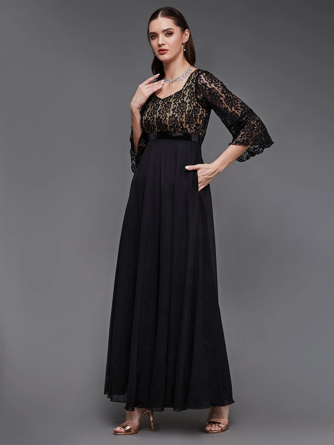 Sage Glow Lazy Pick Women's Black Sweetheart-Neck Full Sleeve Floral Lace-Overlaid Georgette Maxi Dress
