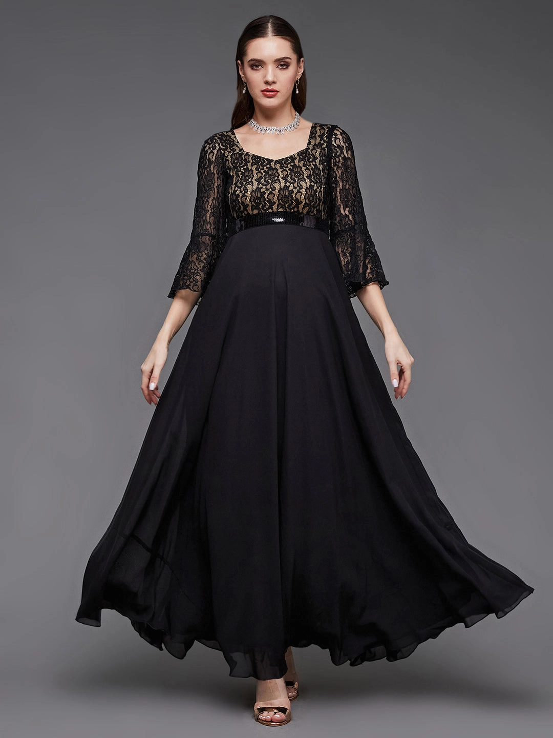 Sophisticated Design Wrap style Women's Black Sweetheart-Neck Full Sleeve Floral Lace-Overlaid Georgette Maxi Dress