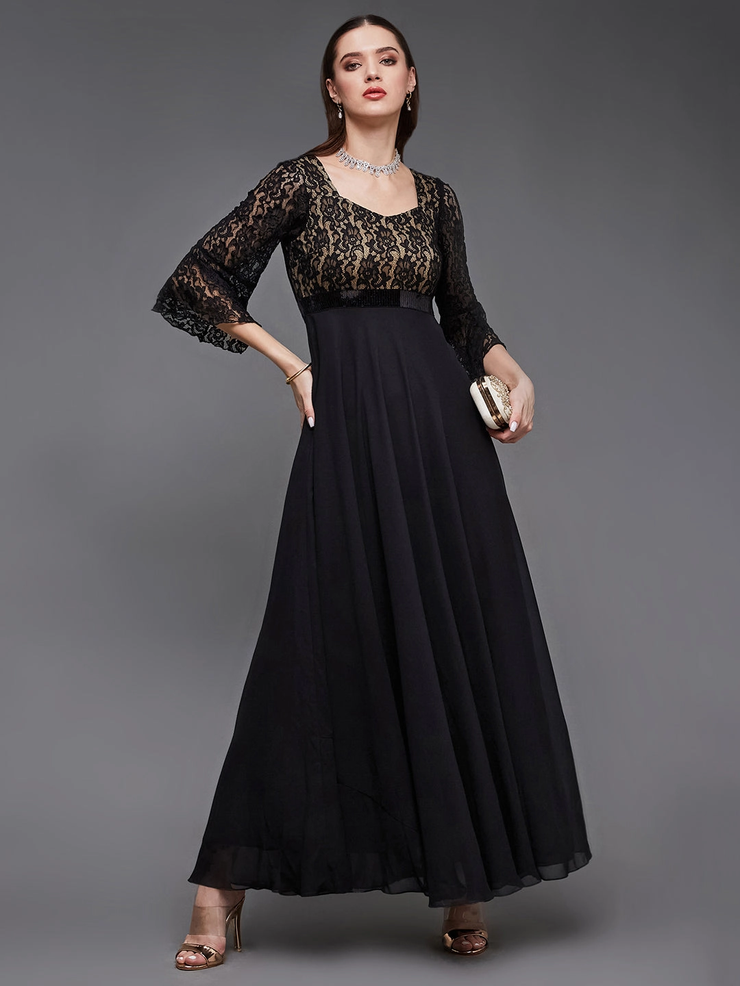 Women's Black Sweetheart-Neck Full Sleeve Floral Lace-Overlaid Georgette Maxi Dress Romantic date dress Stylish Line