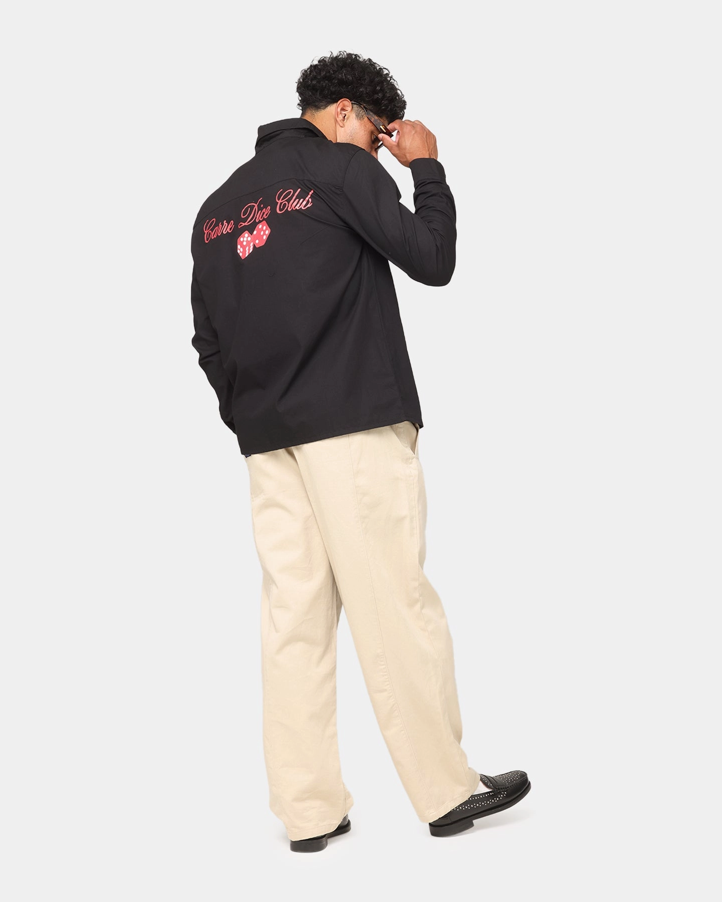 PortableOption Taped Neckline Carre Dice Club Long Sleeve Button Up Shirt Black